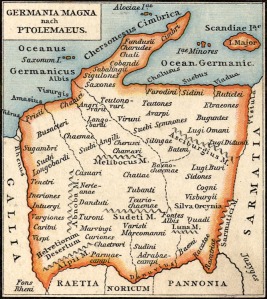 A map of ancient Germania, as described in Ptolemy's X's chapter. The Saxons (Saxones) are found in the northwest along the banks of the Elbe (Albis). 