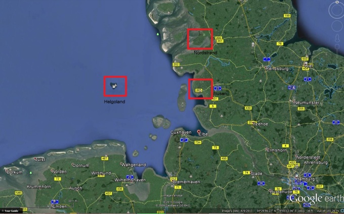 The three Saxon islands mentioned by Ptolemy- Helgoland (Heiligland, the Holy Island), Nordstrand, and Busen. Only Helgoland is still and island today. To the south lies Hamburg Wadden Sea National Park. 
